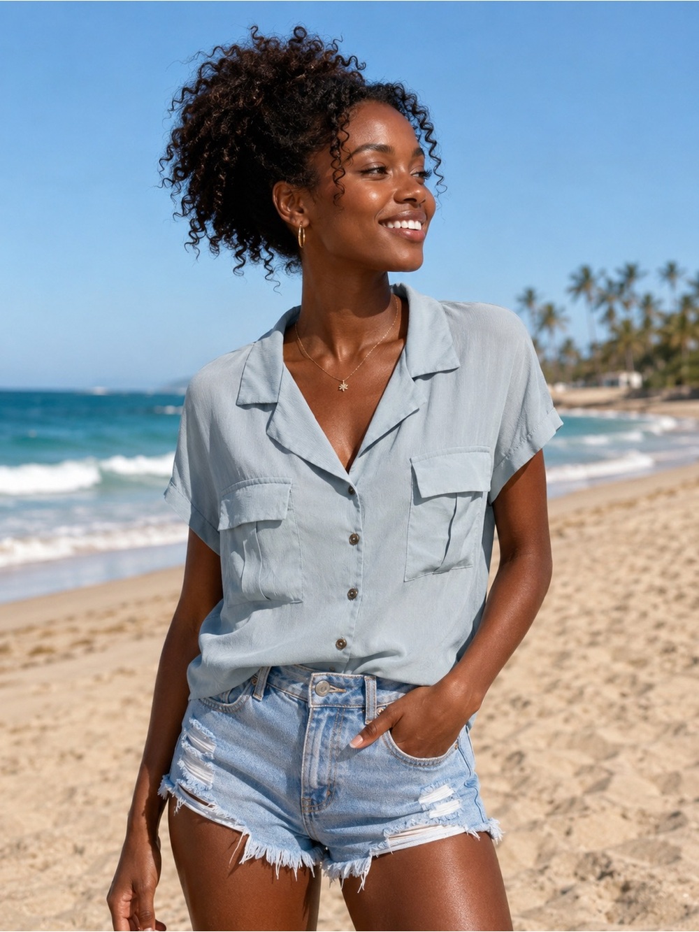 SHEIN Pale Blue/ Green Short Sleeve Button-Down Shirt with Patch Pockets